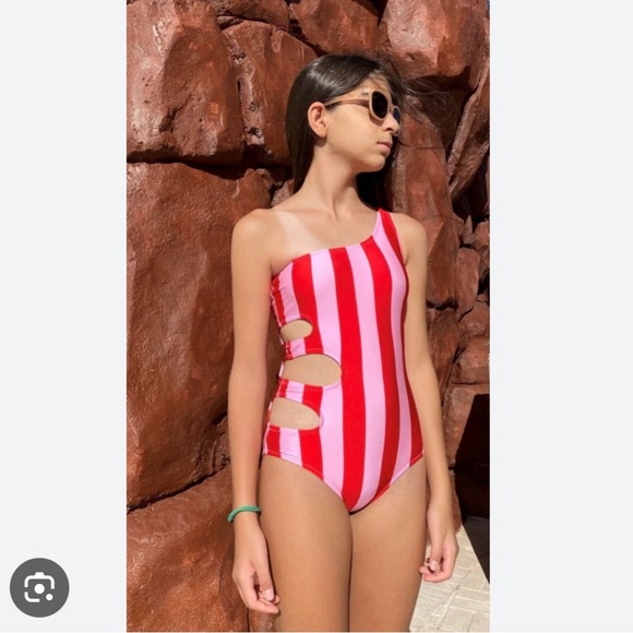 nessi byrd Other - Nessi Byrd Kids Nikita Swimsuit One Piece Pink And Red Striped Size 12 Cut Out